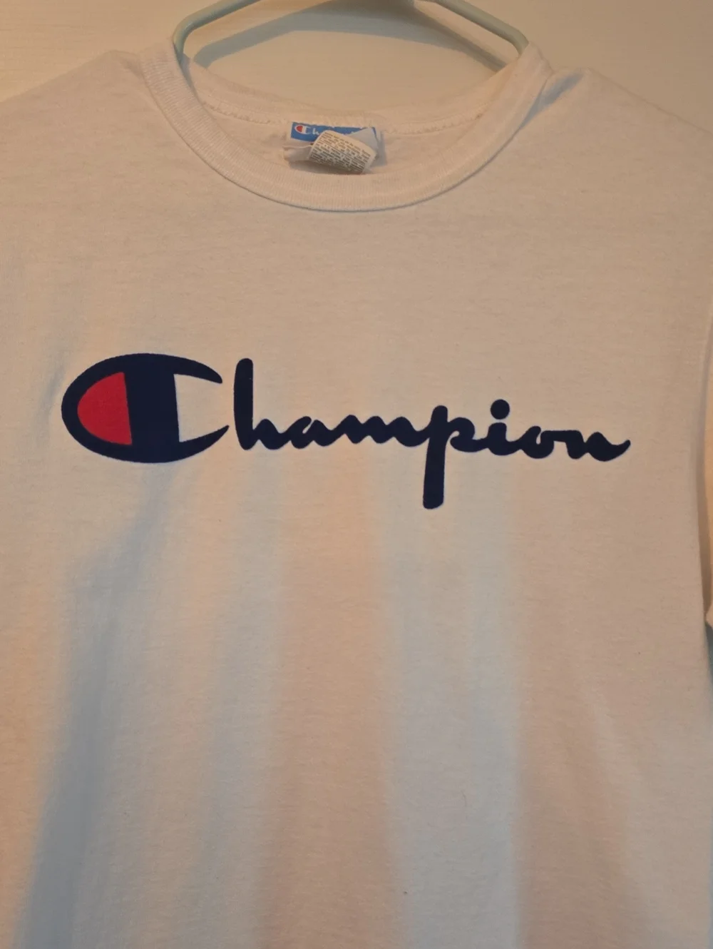 Champion White Tee with Navy and Red Script Logo - Picture 2 of 2